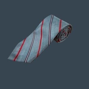 Halston III Mens Gray & Red Striped 100% Silk Tie 56" Long Made In USA